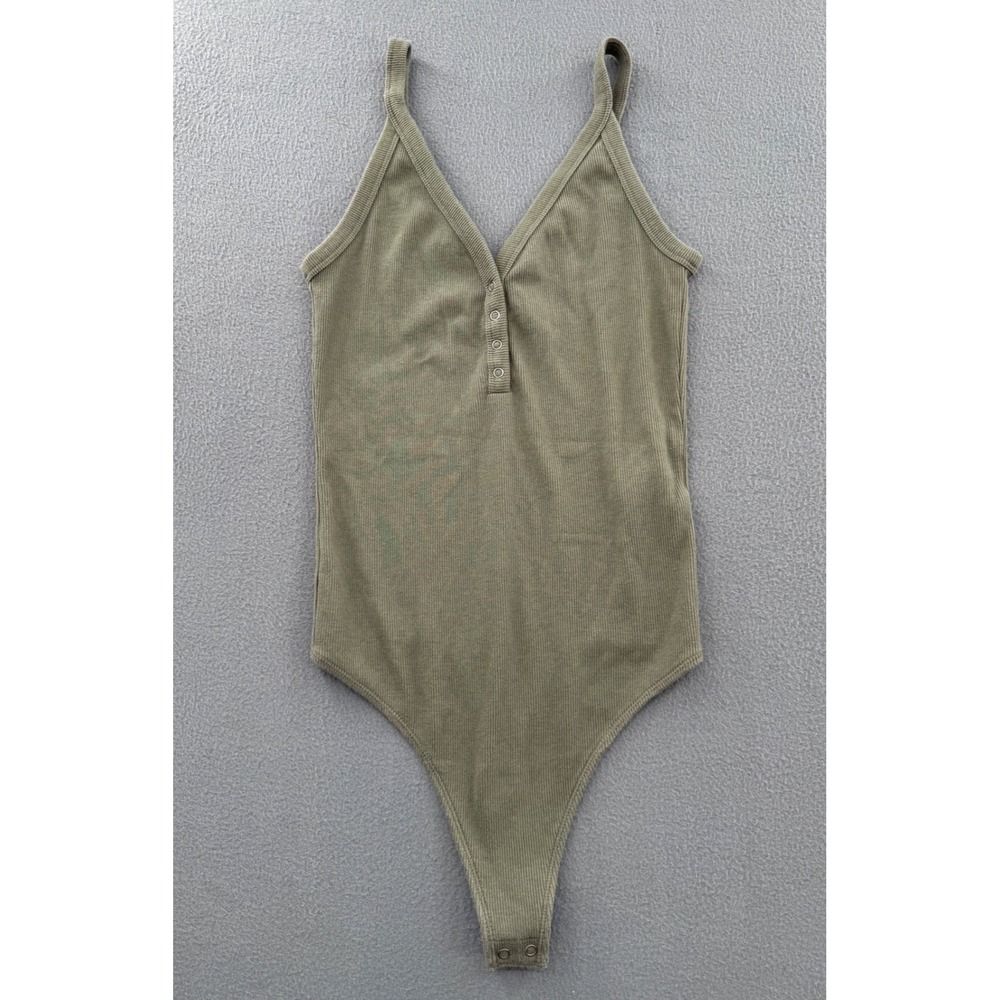 Abercrombie Henley Ribbed Thong Bodysuit S Olive Green Sleeveless V-Neck Boho - Picture 2 of 12